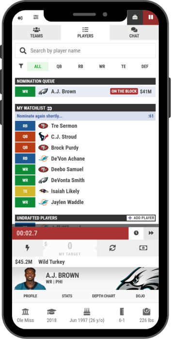 Preview of the live auction draft room on a mobile device