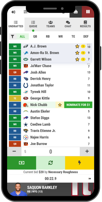 Preview of the live auction draft room on a mobile device