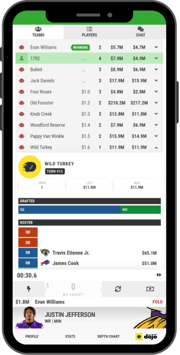 Preview of the Poker Auction Draft room on a mobile device