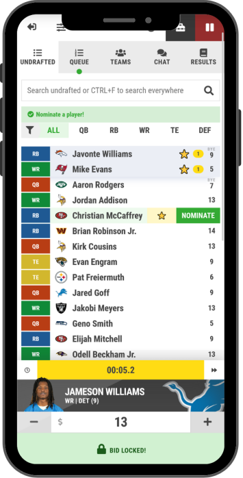 Preview of the draft room on a mobile device